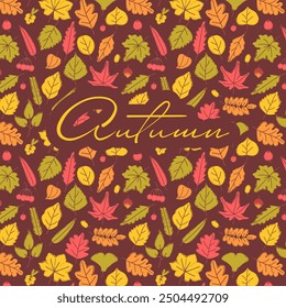 Set of various autumn leaves with texture. Seamless pattern with monochrome autumn leaves on a brown background.