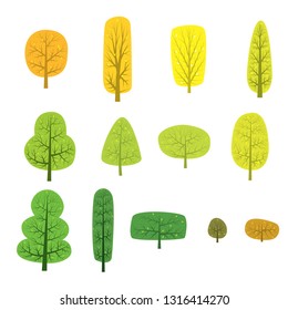Set of various autumn trees isolated on white background.