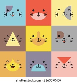 Set of various avatars of cat facial expressions. Adorable cute baby animal head vector illustration. Simple design of happy smiling animal cartoon face emoticon. Graphics and colorful backgrounds.