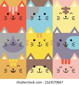 Set of various avatars of cat facial expressions. Adorable cute baby animal head vector illustration. Simple design of happy smiling animal cartoon face emoticon. Graphics and colorful backgrounds.