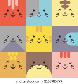 Set of various avatars of cat facial expressions. Adorable cute baby animal head vector illustration. Simple design of happy smiling animal cartoon face emoticon. Graphics and colorful backgrounds.