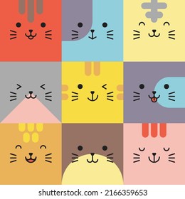 Conjunto de diversos avatares de expresiones faciales de gatos. Adorable ilustración de vector de cabeza de animal bebé lindo. Diseño simple de caricatura animal sonriente feliz cara emoticono. Gráficos y fondos coloridos.