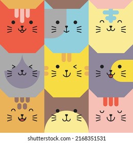 Set of various avatars of cat facial expressions. Adorable cute baby animal head vector illustration. Simple design of happy smiling animal cartoon face emoticon. Graphics and colorful backgrounds.