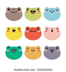 Set of various avatars of frog facial expressions. Adorable cute baby animal head vector illustration. Simple flat design of happy smiling animal cartoon face emoticon. Colorful on a white background.