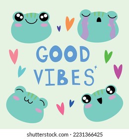 Set of various avatars of frog facial expressions. Text Good Vibes. vector illustration. Simple design of happy smiling animal cartoon face emoticon. Graphics and colorful backgrounds. EPS