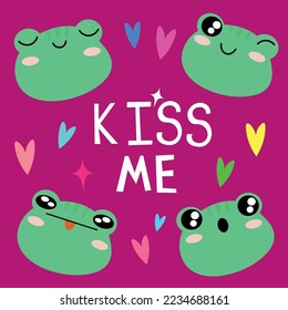 Set of various avatars of frog facial expressions. Text Kiss me. vector illustration. Simple design of happy smiling animal cartoon face emoticon. Graphics and colorful backgrounds. EPS