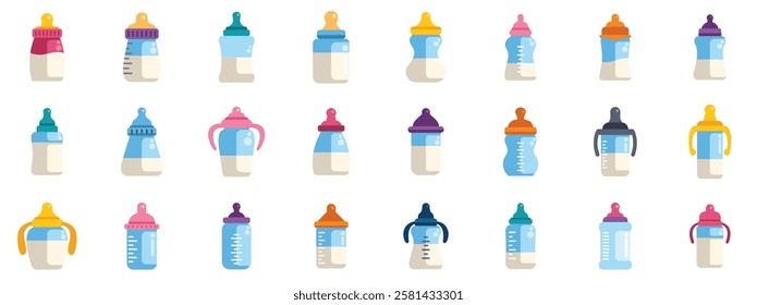 Set of various baby bottles containing milk or infant formula, showcasing different shapes, sizes, and colors, ideal for childcare and baby feeding concepts