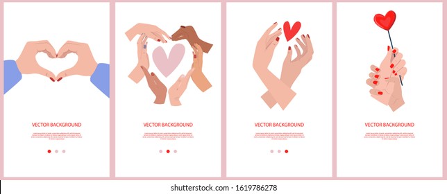 Set of various background for mobile app and social media content. Romantic expression of love with hand gestures. Editable vector illustration.