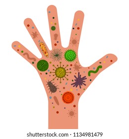 A set of various bacteria, germs and bacilli on human hands. vector illustration isolated on white background. hygiene concept