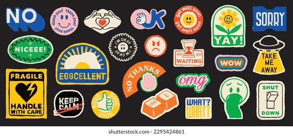 Set of various badges, pins, stamps, icons, or stickers. Hand drawn color pencil vector illustrations. Cute abstract graphic elements and symbols isolated on black background.