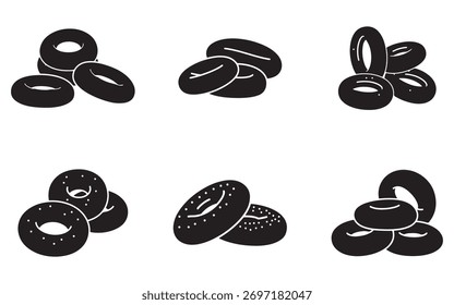 Conjunto de várias ilustrações de vetor de bagel em estilo de silhueta preta contra um fundo branco oferecendo uma estética limpa e moderna