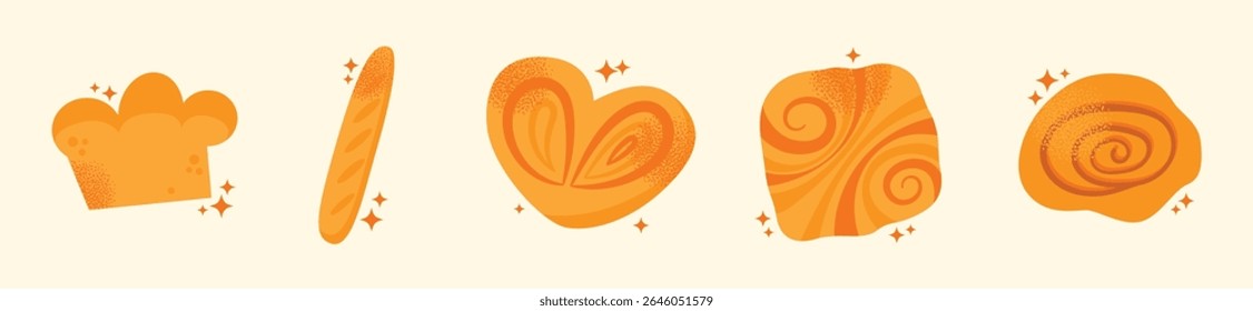 Set of various baked goods croissant, loaf, pretzel, bun, baguette, roll, danish pastry, and donut isolated on light background. Flat vector illustration. Bakery and food concept cooking pastry