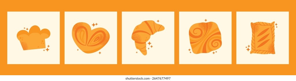 Set of various baked goods croissant, loaf, pretzel, bun, baguette, roll, danish pastry, and donut isolated on light background. Flat vector illustration. Bakery and food concept cooking pastry