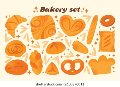 Set of various baked goods croissant, loaf, pretzel, bun, baguette, roll, danish pastry, and donut isolated on light background. Flat vector illustration. Bakery and food concept cooking pastry