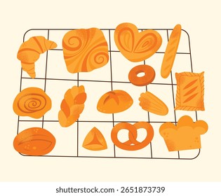 Conjunto de vários produtos assados croissant, pão, pretzel, bun, baguette, rolo, massa dinamarquesa, e donut isolado no fundo claro. Ilustração de vetor plano. Padaria e conceito de alimentos pastelaria de cozinha