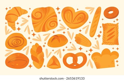 Conjunto de vários produtos assados croissant, pão, pretzel, bun, baguette, rolo, massa dinamarquesa, e donut isolado no fundo claro. Ilustração de vetor plano. Padaria e conceito de alimentos pastelaria de cozinha