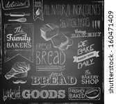 set of various bakery elements and chalk typography on a blackboard, bread, mustache, chef's hat, natural ingredients