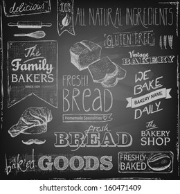 Set Of Various Bakery Elements And Chalk Typography On A Blackboard, Bread, Mustache, Chef's Hat, Natural Ingredients