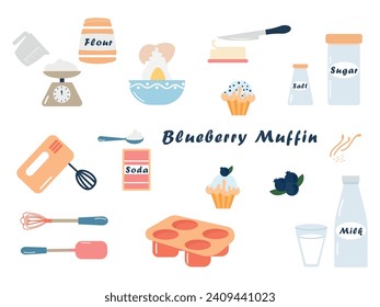 Set of various baking tools and utensils. Kitchen utensils, ingredients for baking muffins. Baking, bakery, cooking, sweets, dessert. Vector illustration.