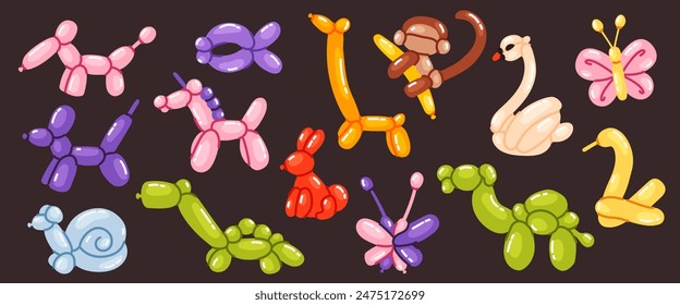 A set of various balloon figures made in the shape of animals and objects. Figures of dogs, giraffe, monkey, swan, butterflies, snail and others. Cartoon illustration