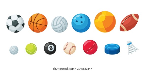 Set of Various Balls for Sport Games Soccer, Basketball, Volleyball and Rugby, Golf, Billiards, Tennis or Baseball. Softball, Bowling, Badminton Shuttlecock and Hockey Puck Cartoon Vector Illustration