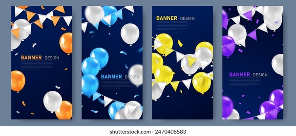 Conjunto de varios diseños de Anuncio con hermosos globos de Ilustración vectorial