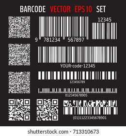 Set of various bar codes, qr codes and post codes isolated on dark background. Vector illustration for your graphic design.