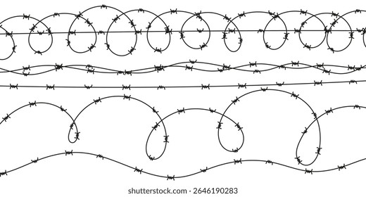 Conjunto de vários arame farpado e navalha. Cercas de segurança onduladas em estilo de vetor escalável. Projeto de proteção militar, prisional ou de área restrita. Elementos de borda de metal nítido.