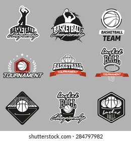 Set of various Basketball emblems and labels with silhuette of man doing slam dunk, basket and ball in different shapes with captions championship, team and tournament