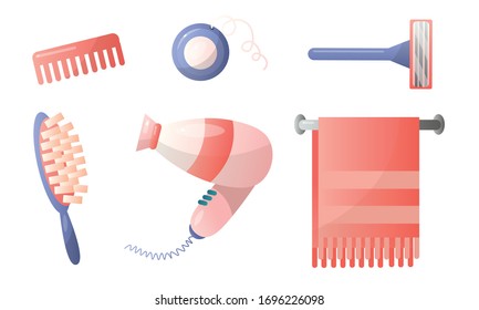 Set of various bathroom accessories hairdryer, hairbrush, dental floss, razor, towel. Vector illustration in a flat cartoon style.