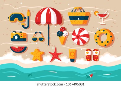 Set of various beach accessories vector illustration. Different frippery like photo camera, umbrella, snorkeling mask and ball lying in sand. Vacation in hot sunny countries concept