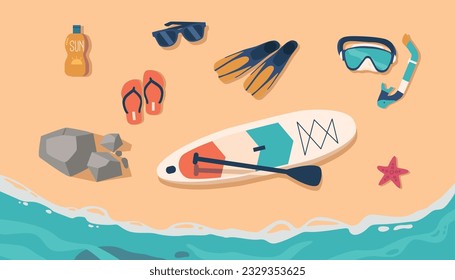 Set Various Beach Items Top View, Cream Bottle, Sunglasses, Flippers and Sup Board, Mask, Tube, Starfish on Golden Sand