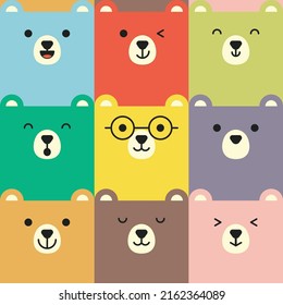 Set of various bear facial expression avatars. Adorable cute baby animal head vector illustration. Simple flat design of happy smiling animal cartoon face emoticon. Colorful background.