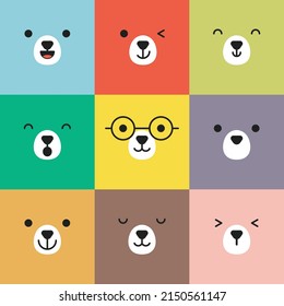 Set of various bear facial expressions avatar. Adorable cute baby animal head vector illustration. Simple flat illustration of animal face on colorful square background.