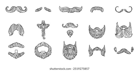 Set of various beard and mustache styles, from classic to creative, in black outline. Facial hair collection concept for design and print.