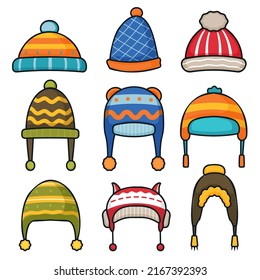 Set of various beautiful knitted hat, caps for girls and boys for cold weather, fashion hat on winter season in cartoon style on white background, vector illustration