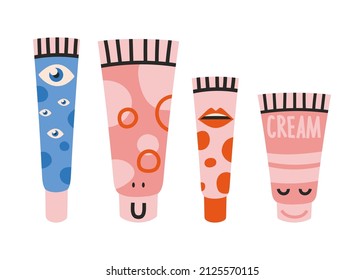 Set with various beauty products in different packages. Cream, balm in a tube, cartoon style. Skin care, hand drawn, flat design. Trendy modern vector illustration isolated on white background.