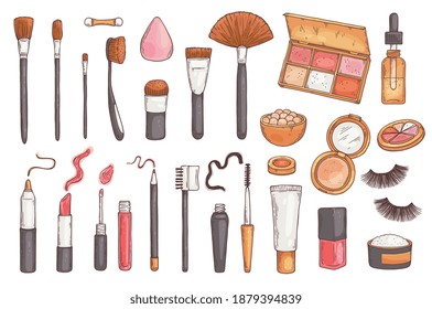 Set of various beauty tools and makeup cosmetics, flat vector illustration isolated on white background. Makeup supplies and beauty accessories collection.