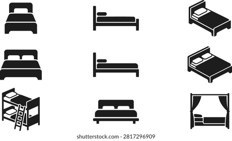 Set of various bed icons representing different furniture styles and sleeping arrangements.