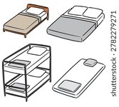 Set of various bed types, single double bunk bed and futon floor mattress hand drawn doodle style vector illustration