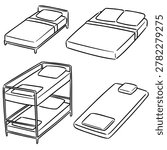 Set of various bed types, single double bunk bed and futon floor mattress hand drawn doodle style vector illustration