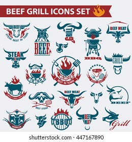 set of various beef meat icons and elements