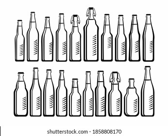 Set of various beer bottles. Bottles of different shapes and sizes