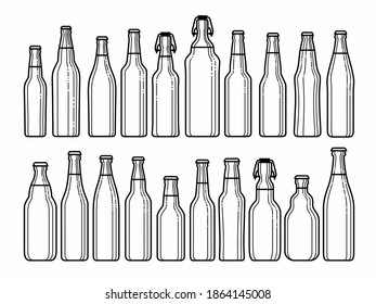 Set of various beer bottles. Bottles of different shapes and sizes. Line drawing