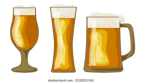 Set of various beer glasses filled to the brim with a golden amber brew. Beer mugs with foam. ector designs for use in banner,poster,card,invitation. Oktoberfest.