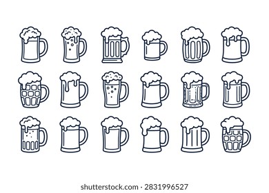 A set of various beer mug designs with frothy foam in a hand drawn doodle style isolated on a white background