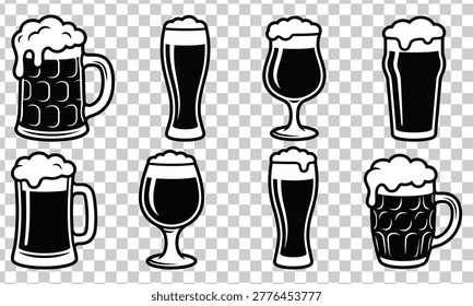 Set of various beer mugs and glasses with frothy beer isolated design