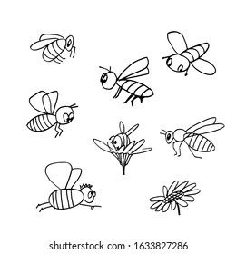 a set of various bees flying to the flower. Doodle illustration. Vector
