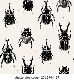Set of various beetles, bugs or insects. Hand drawn modern Vector illustration. Vintage, Engraving style. Square seamless Pattern, background, wallpaper