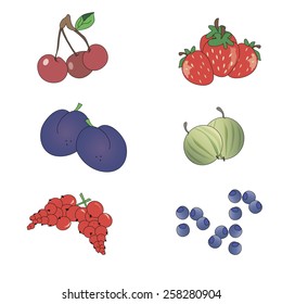 Set various berries on a white background (strawberry, plum, currant, gooseberry, blueberry, cherry).